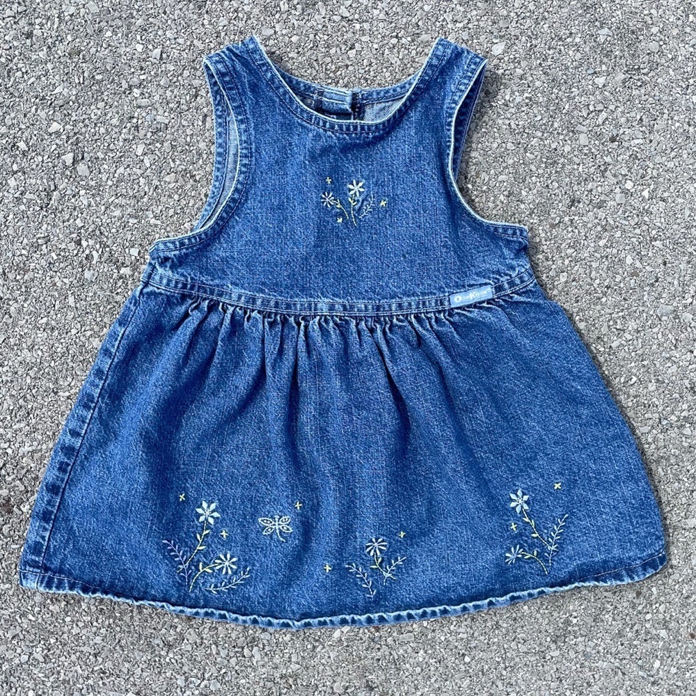 Vtg 90s OshKosh Bgosh Made in Canada Denim Dress 24M Embroidered Dragonfly